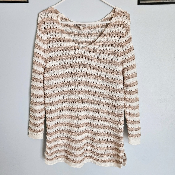 Like-New Dana Buchman White & Tan Stretchy Longsleeve Knitted Sweater Top Size L - Picture 1 of 6